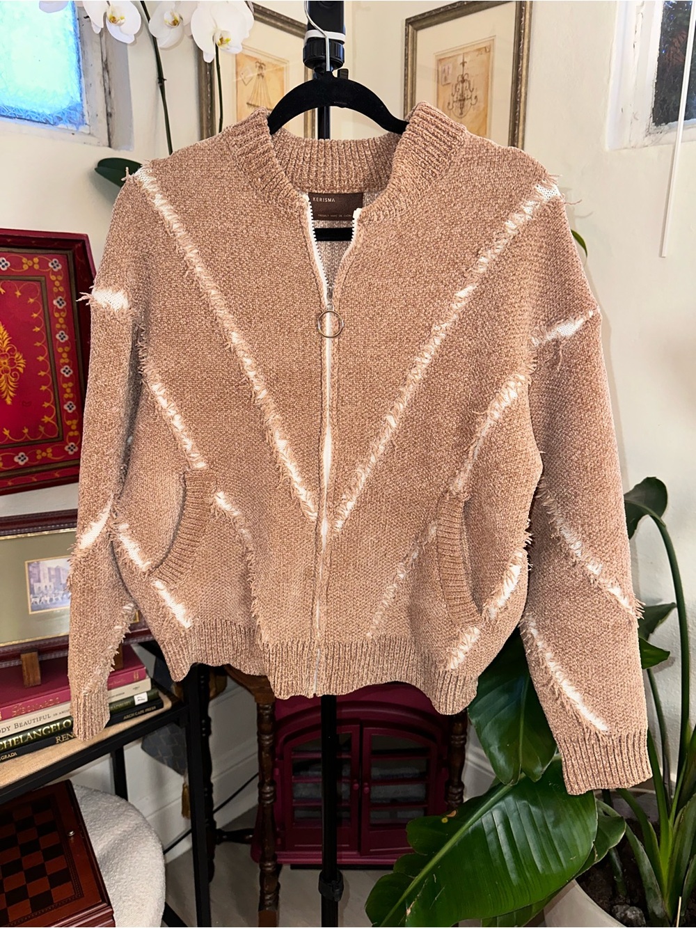 Kerisma Taupe Zip-Front Crewneck Sweater with Fringe Chevron Accents